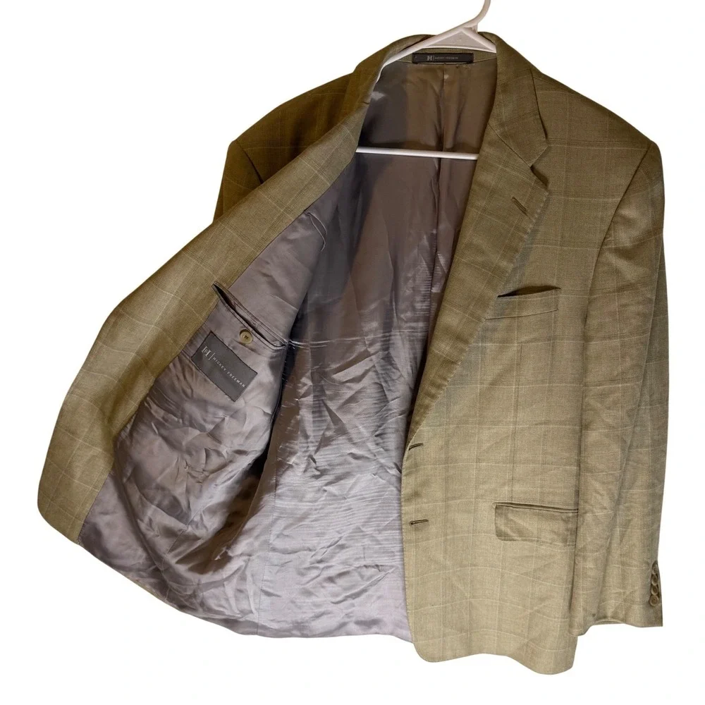 Hickey Freeman Madison Blazer Mens 42 Short Tan Wool Silk Linen Windowpane Coat